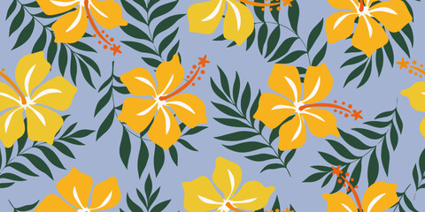 Tropical flower pattern seamless, silhouette of hibiscus flowers, hand drawn botanical, Floral leaf for spring and Summer time, natural ornaments for textile, fabric, wallpaper, background design. © Udomdech
