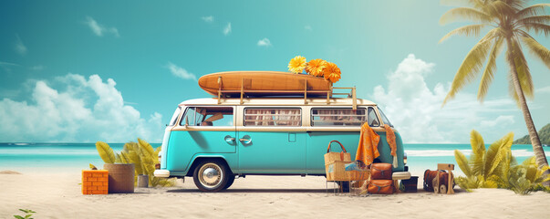 van with surfboard on vacation on summer beach