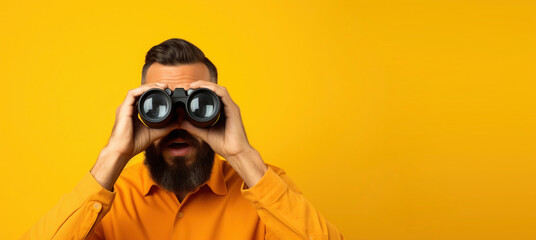 Man looking through binoculars on yellow background. Find and search concept - obrazy, fototapety, plakaty