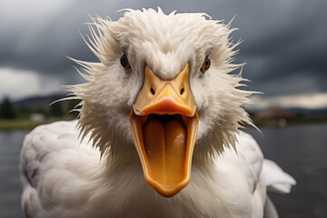 Aggressive duck attacks. Close up portrait shot of angry goose with open beak - obrazy, fototapety, plakaty