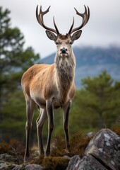 A stag with small antlers stands on a wooded mountain and stares into the camera