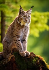 A lynx sits on a tree stump in the forest and keeps a watchful eye out