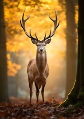 A stag with proud antlers standing looking at the camera in an autumn forest during the day