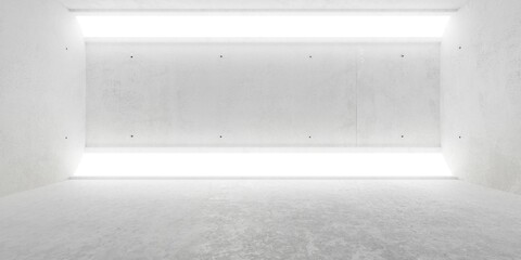Abstract empty, modern concrete room with angled area light at the back top and bottom and rough floor - industrial interior background template - obrazy, fototapety, plakaty