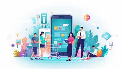 digital entrepreneurship: creative vector illustration of mobile apps, e-commerce, and online business. ideal for web banners, social media, and business presentations