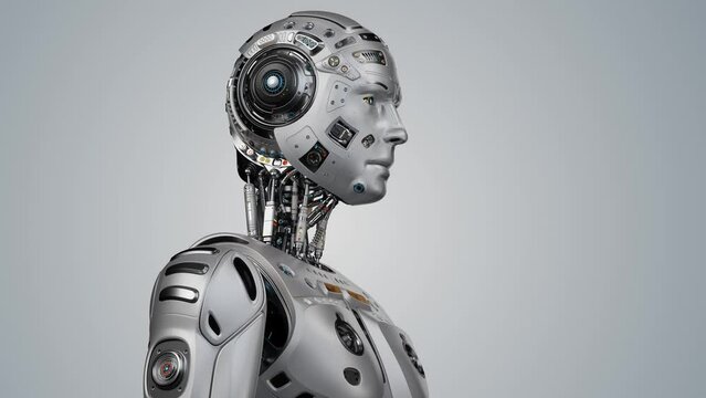 Humanoid robot or futuristic cyber man touches his head or makes use your mind gesture. 3d rendering animation of the upper body. Side view isolated on color background with alpha