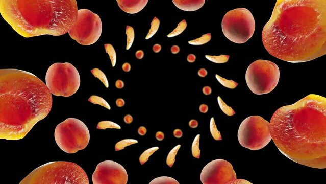 Flying Peach and Peaches slices in Black Background