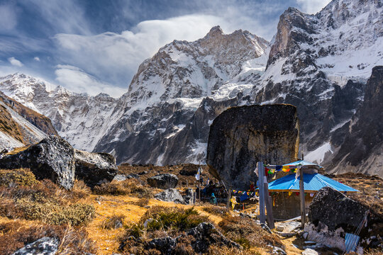 Limbu Kirati sacred mountain Phaktanglung and temple seen from Jannu Base Camp in Himalaya, Nepal