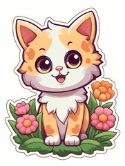 Obraz na płótnie Canvas Cartoon sticker cute kitten with flowers, AI