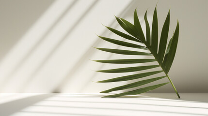 a tropical palm leaf casting a shadow on a flawless white surface, capturing the essence of a sunny and serene summer day