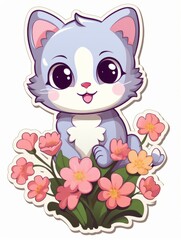 Cartoon sticker cute kitten with flowers, AI