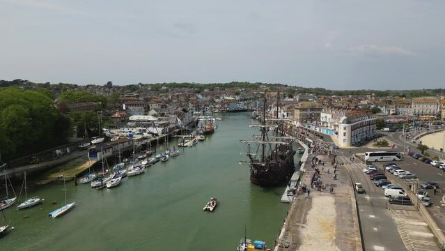 Old Spanish Galleon Fly By Moored in Weymouth Harbour or Port