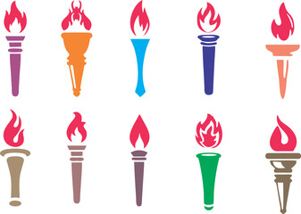 Set of traditional ancient Greek torch icons on transparent background. Greece runner, Sport flame. Symbol of light and enlightenment. Easy to reuse in designing poster, banner or flyer about sports. - obrazy, fototapety, plakaty
