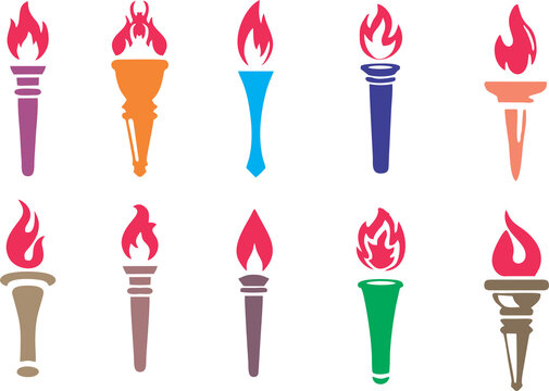 Set of traditional ancient Greek torch icons on transparent background. Greece runner, Sport flame. Symbol of light and enlightenment. Easy to reuse in designing poster, banner or flyer about sports.