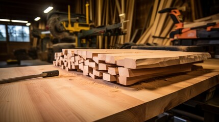 A stack of freshly planed wooden planks on a workbench in a woodworking shop.