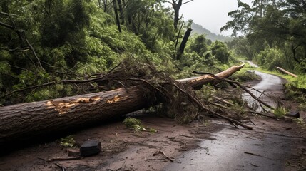 Fototapeta premium An uprooted tree lying across a road, with twisted branches and scattered leaves.