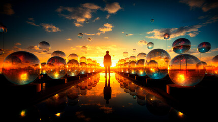 Obraz premium Image of a person standing inside a perspective of glass spheres in the sunset sky.
