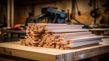 Obraz premium A stack of freshly planed wooden planks on a workbench in a woodworking shop.