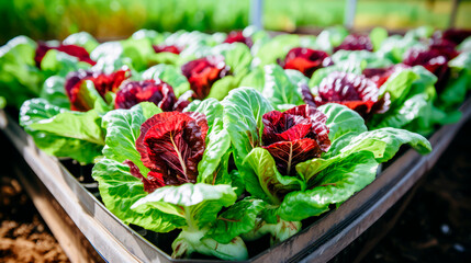 close up of a tray full of delicious freshly picked farm fresh radicchio salad, organic product. view from above. AI generate - 691093569