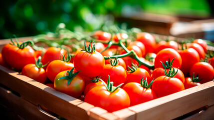 close up of a tray full of delicious freshly picked farm fresh tomatoes, organic product. view from above. AI generate