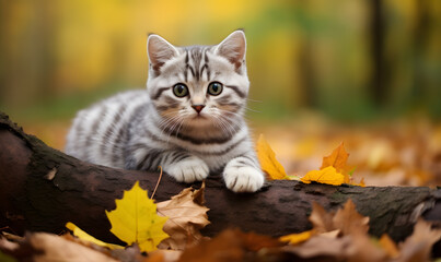 cute bengal kitten playing in the leaves