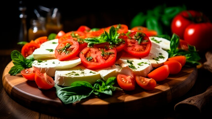 Delicious salad of mozzarella and tomatoes whit basil, Italian Caprese salad on a wooden board. - 691093587