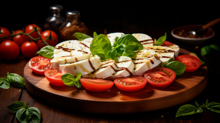 Delicious salad of mozzarella and tomatoes whit basil, Italian Caprese salad on a wooden board. - 691093591