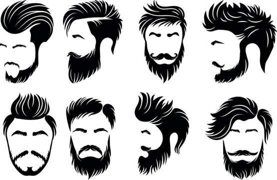 Vector men hairstyle silhouette set. Male hairstyle Beauty haircut salon for man styling barber. black Illustration in various themes. Hand drawn Vector collection V9.