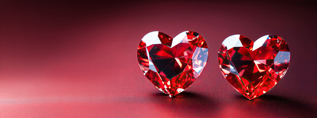 Two Crystal red hearts, symbol of love festive minimalistic background, copy space. Diamond Decoration Valentine's Day