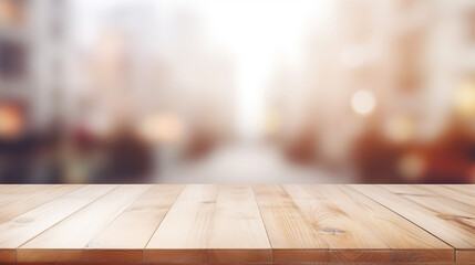 Rustic Wooden Table Top on White Blurred Abstract Background - Vintage Desk Surface with Empty Space for Interior Design Mockup and Retro Decoration Ideas.