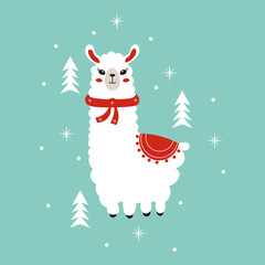 Christmas cute animal. Alpaca in scarf. New Year Lama Vector illustration for Christmas design, card, t-shirt