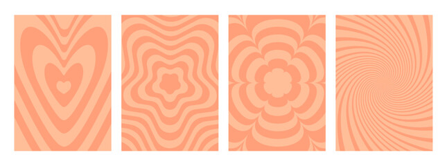 Groovy poster 70s with waves of sun rays, flowers, geometric shapes of hexagon and stars, bright psychedelic patterns. Vector Set of abstract backgrounds in trendy pastel peach color  