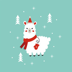 Christmas cute animal. Alpaca in hat. Lama in warm clothes and Santa cap. Winter character vector illustration