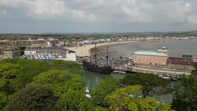 Old Spanish Galleon Fly By to Beach Moored in Weymouth Harbour or Port