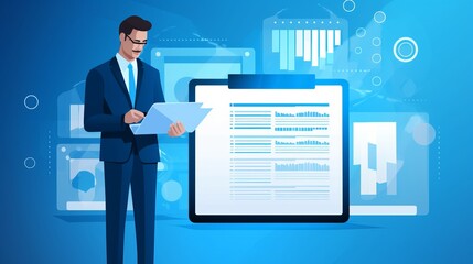 Fototapeta premium businessman monitoring performance with tablet and laptop | online survey and digital form checklist on blue background