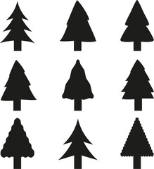 Merry Christmas and Happy New Year. Collection of fir trees. Black and white design. Simple signs, symbols. Vector illustration