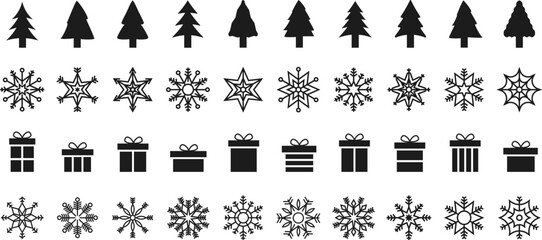 Fototapeta na wymiar Merry Christmas and Happy New Year. Collection of fir trees, gift boxes and snowflakes. Black and white design. Simple signs, symbols. Vector illustration