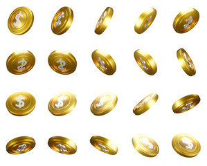 Glossy Gold 3d Coins . Set PNG. White dollar. Transparent background