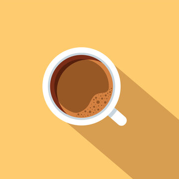 cup of coffee with foam. Minimalistic cup of latte with long shadow. Cappuccino, view from above. Top View. Modern design flat vector illustration.
