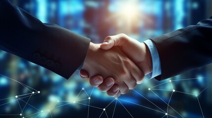 successful business agreement: close-up handshake with cityscape background - obrazy, fototapety, plakaty