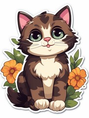 Cartoon sticker cute kitten with flowers, AI