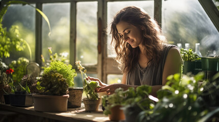 woman working on plants in greenhouse, romantic gardening - Powered by Adobe