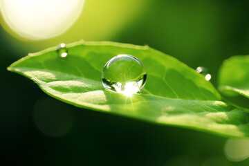 A gorgeous macro of a pristine drop of water on a verdant leaf, glinting in sunlight.