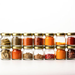 Glass jars filled with Indian spices on white background