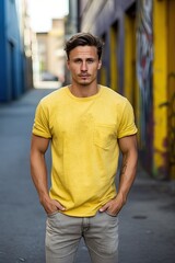 Man in a yellow T-shirt against the background of the city