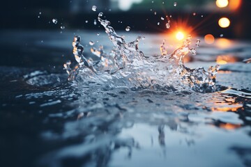 An out-of-focus picture of water hitting a wall and ground, bursting into drops and droplets, with a large quantity of water impacting and floating in the air - obrazy, fototapety, plakaty