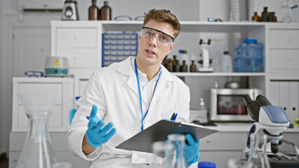 Attractive, smiling young caucasian male scientist, holding clipboard and passionately speaking...