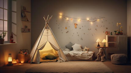 child bedroom with a teepee tent and lights - obrazy, fototapety, plakaty