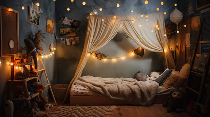child's bedroom with some fancy lights and a canopy - obrazy, fototapety, plakaty