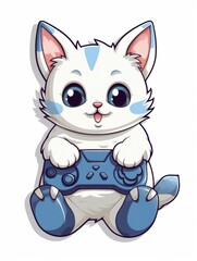 Cartoon sticker cute gamer kitten with game joystick, AI